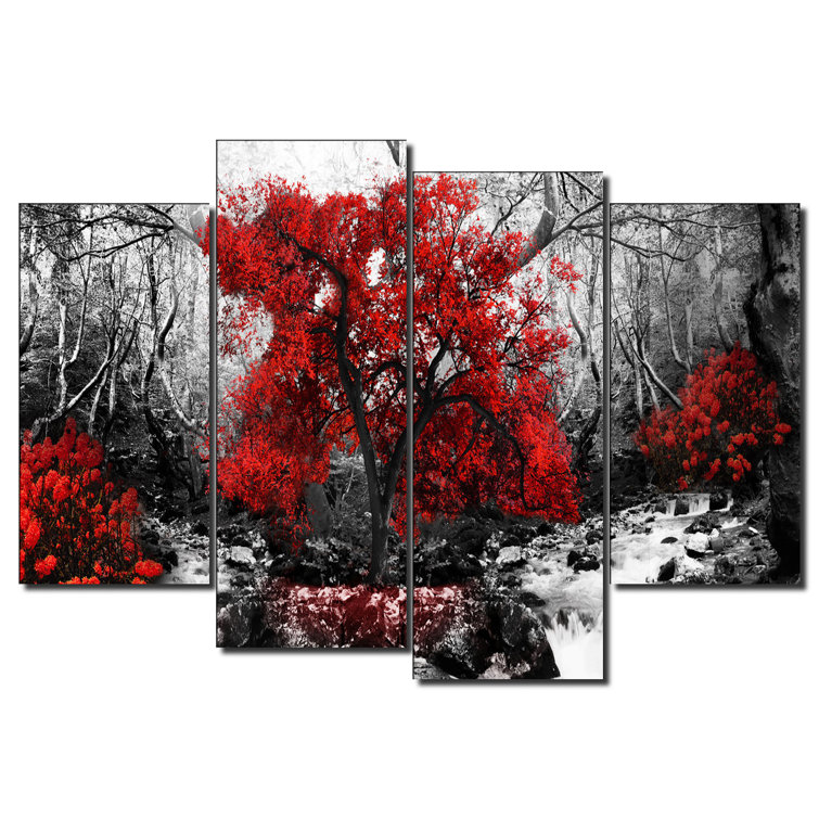 DEKOARTE 4 Tlg Leinwandbilder Set Black And White Landscape Red Trees